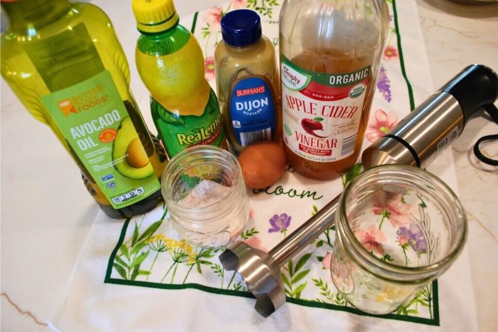 Avocado oil, egg, Dijon mustard, apple cider vinegar, lemon juice and immersion blender for homemade mayonnaise