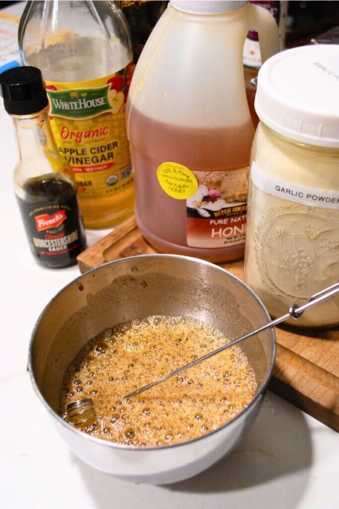 Simple beef jerky marinade made with soy sauce, honey, apple cider vinegar, Worcestershire sauce, and garlic powder.