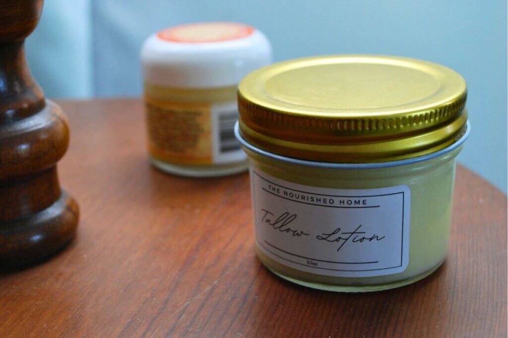 Jar of homemade beef tallow lotion for dry skin