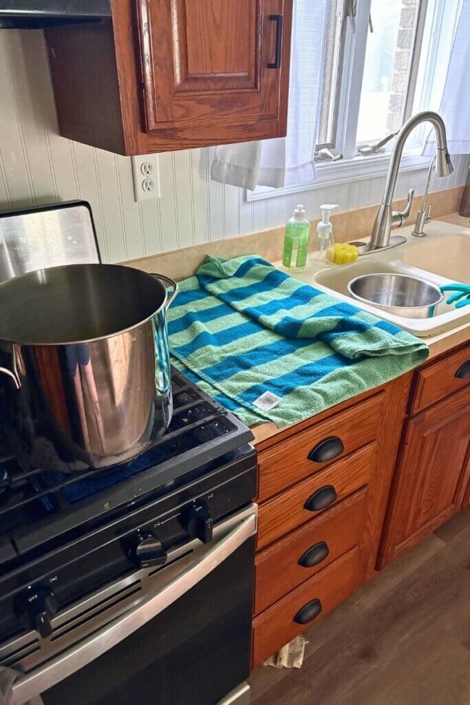 Large stockpot on our gas stove during a five-day power outage