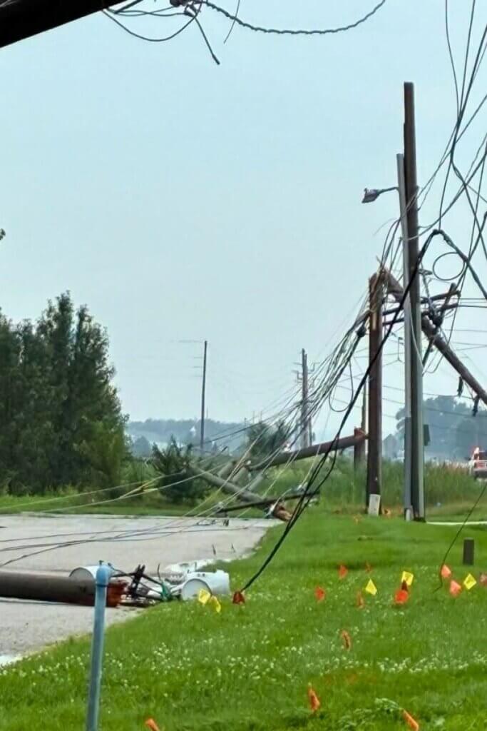 Downed power lines after the August 2026 derecho in Northern Indiana