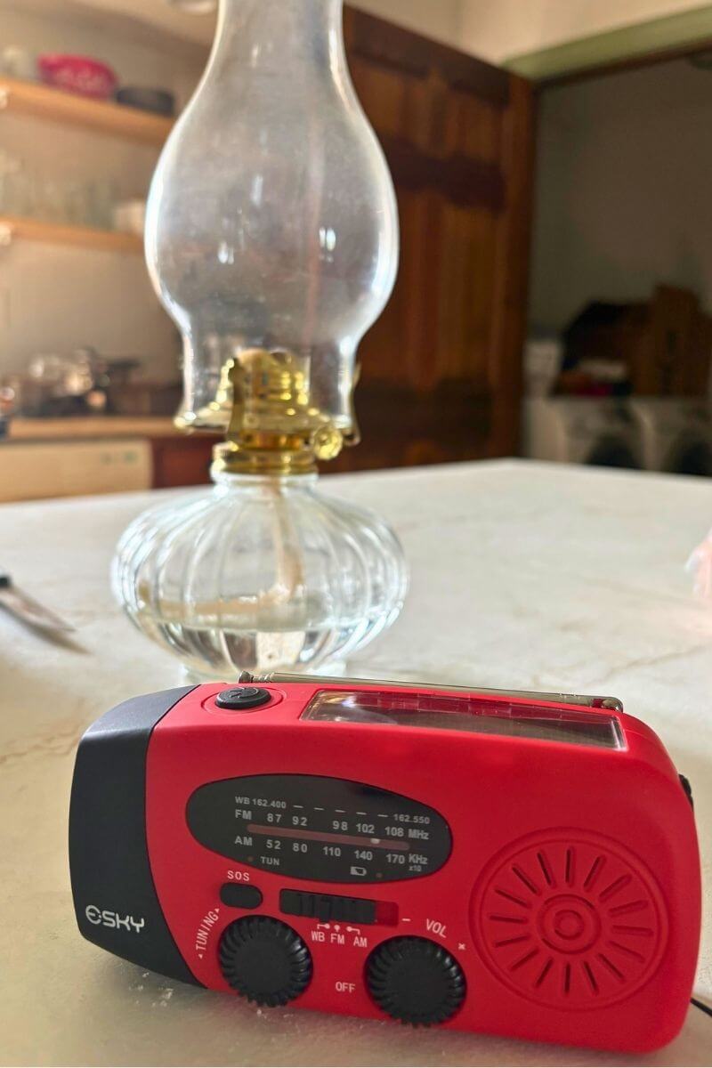 Emergency radio and oil lamp used during our five-day power outage